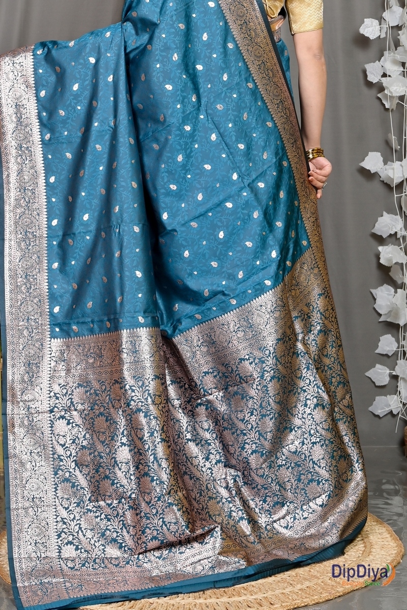 Turquoise Blue Cotton Silk Parova Tanchui Saree (513)